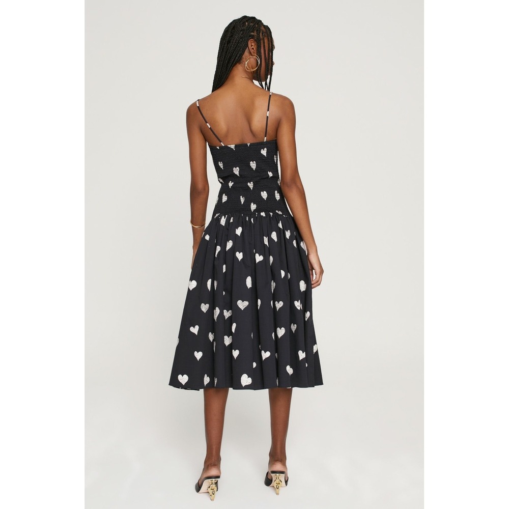 Autumn Adeigbo Winnie Dress Sz 0 Black White Heart Print Smocked‎ Midi Feminine - Picture 2 of 15